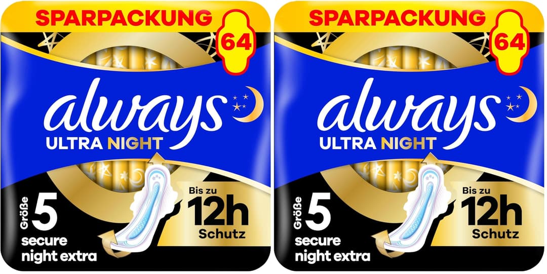 Always Ultra Binden Damen Gr. 5, Secure Night Extra, 64 Damenbinden mit Flügeln (4 x 16 Stück) Multipack, dünn und super saugfähig, geruchsneutralisierend und Auslaufschutz (Packung mit 2)