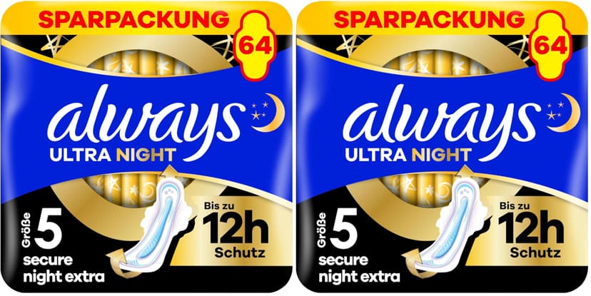 Always Ultra Binden Damen Gr. 5, Secure Night Extra, 64 Damenbinden mit Flügeln (4 x 16 Stück) Multipack, dünn und super saugfähig, geruchsneutralisierend und Auslaufschutz (Packung mit 2) - 1