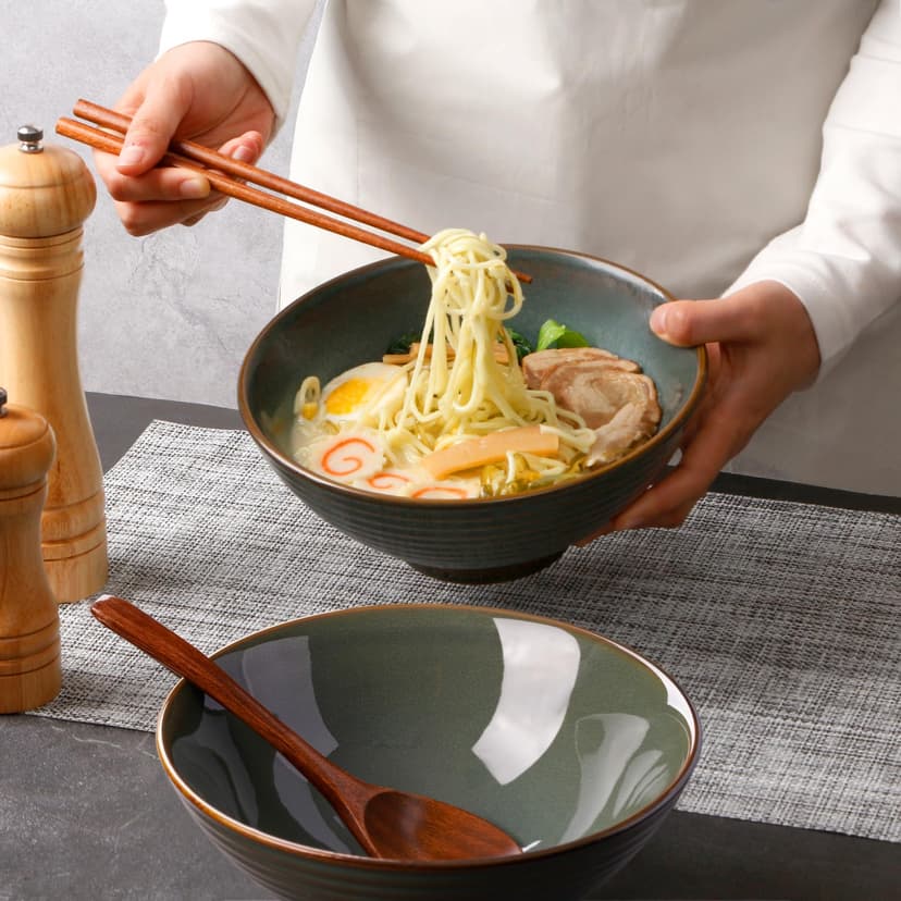 NUTRIUPS Lot de 2 bols à ramen en céramique de 1200 ml avec baguettes et cuillères, grand bol à soupe de 20 cm, vert mer profond - 4