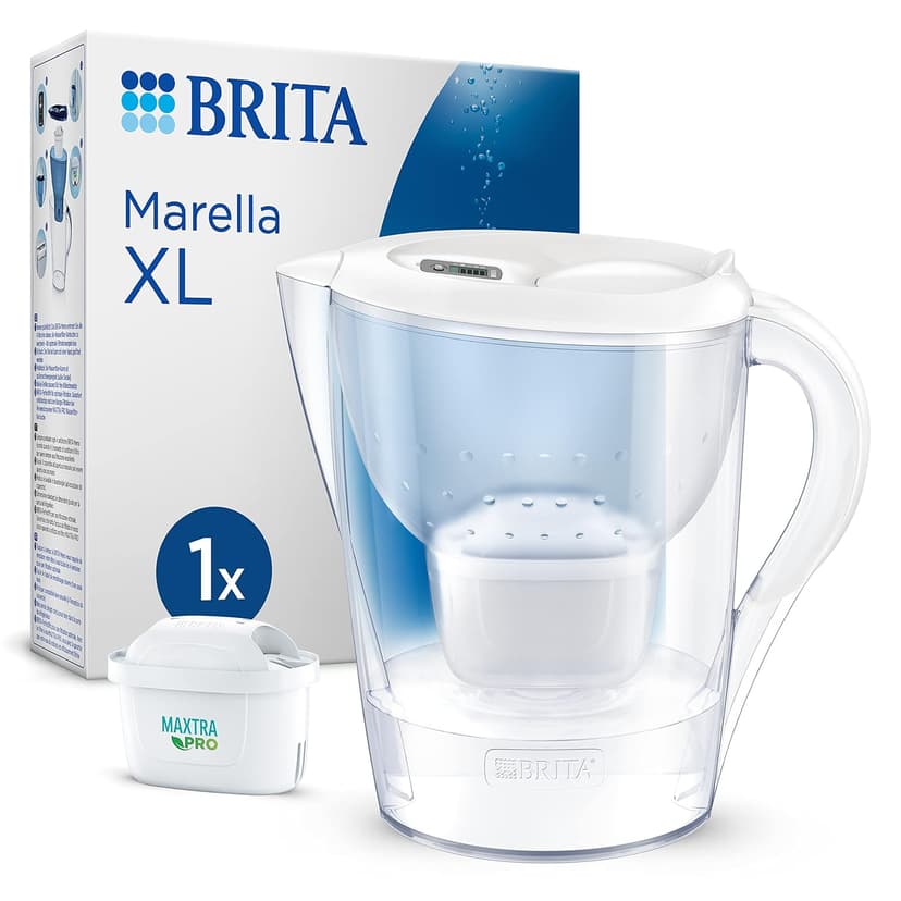 BRITA Carafe Filtrante Marella XL - 3.5L Blanc + 1 Filtre MAXTRA PRO – (SIOC) Emballage durable, grande capacité, ne convient pas à la porte du réfrigérateur, réduit calcaire & chlore - 1