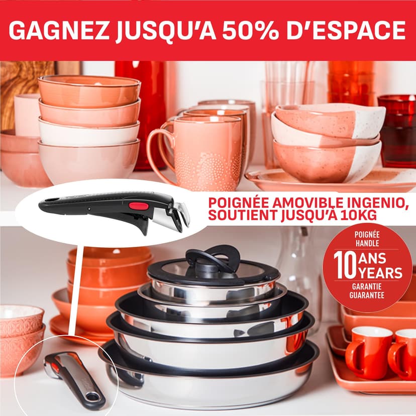 Tefal Ingenio Set of 4 Pieces, 16/18/20 cm Pans + 1 Removable Handle, Induction, Stainless Steel, Stackable, Space Saving, Made in China, Preference On L898S334 - 3