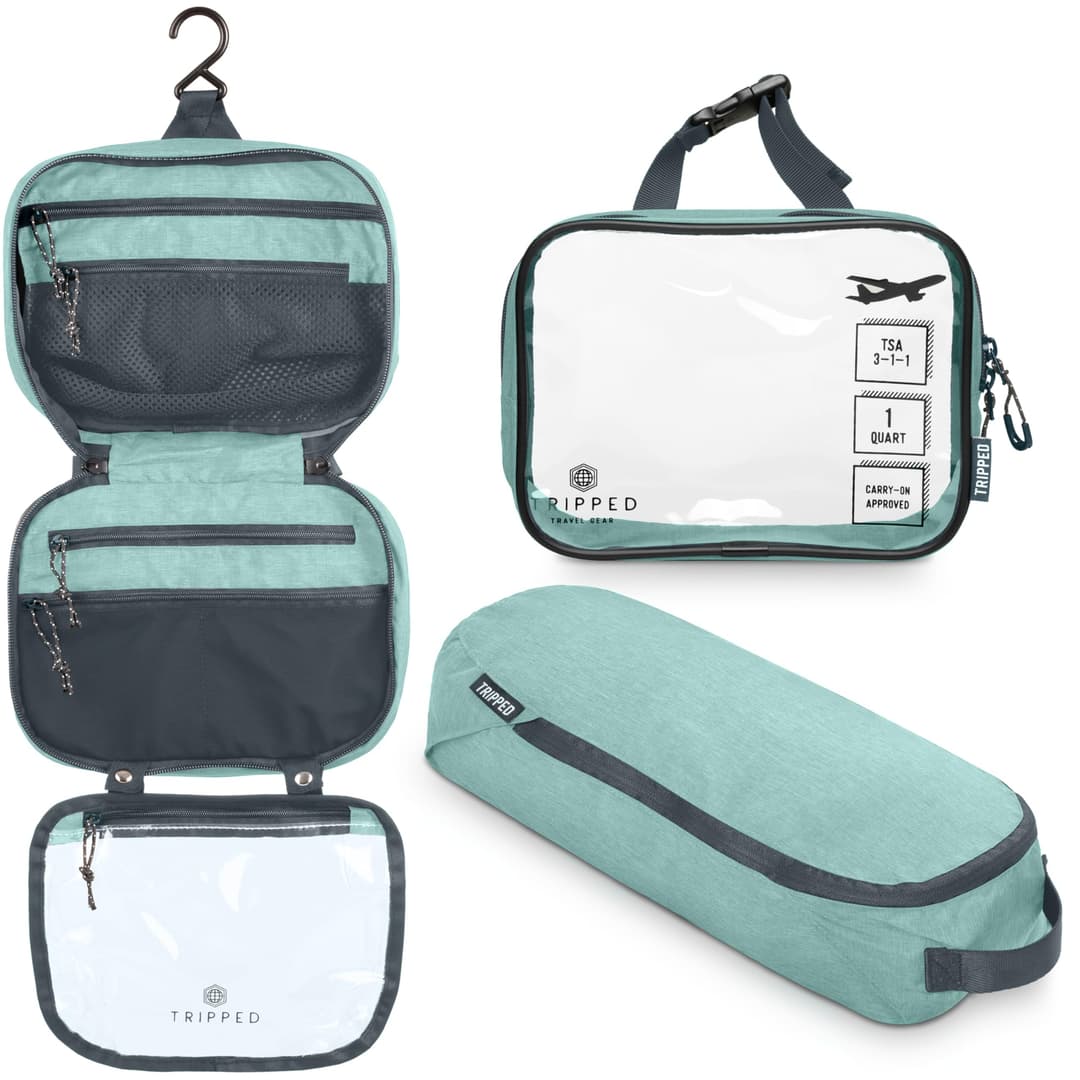 Toiletry Bag Kit Set: Hanging Travel Toiletry Bag + 311 TSA Cosmetic Liquid Bag + Ultralight Accessory Organizer Pouch, Turquoise, 3 Piece Toiletry Set