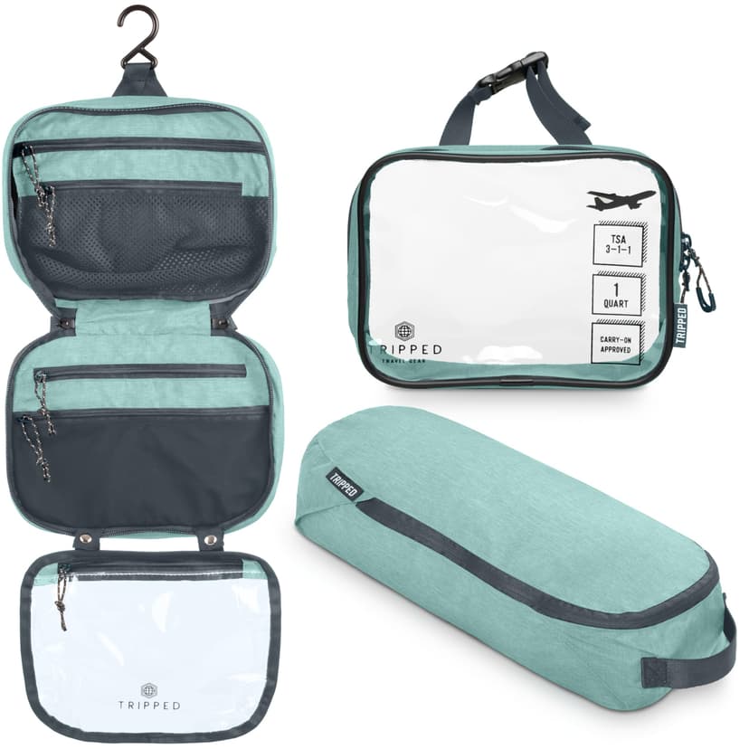 Toiletry Bag Kit Set: Hanging Travel Toiletry Bag + 311 TSA Cosmetic Liquid Bag + Ultralight Accessory Organizer Pouch, Turquoise, 3 Piece Toiletry Set - 1
