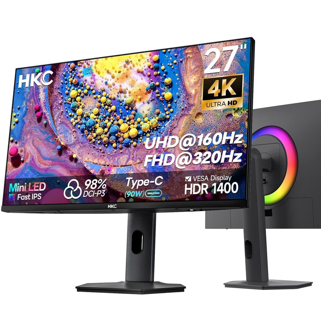 HKC 27 Pouces 4K Écran PC Gamer UHD 160Hz / FHD 320Hz, Mini LED, Dalle IPS, HDR1400, 98% DCI-P3, 1ms, 2× HDMI 2.1, DisplayPort 1.4,Type-C 90W USB 3.0, Réglable en Hauteur, VESA 100x100, Gris, G27M7Pro