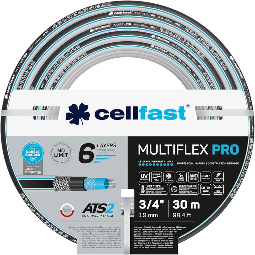Cellfast Tuyau de jardin MULTIFLEX PRO, Robuste, 6 Couches, Tresse Tricot ATS2, Résistant aux UV et aux algues, Sans métaux lourds, technologie velvet, 35 Bar, -20/+65°С Temp. 3/4", 30m - 1