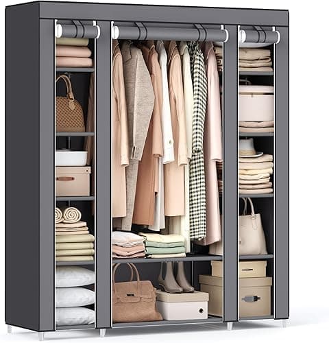 SONGMICS Fabric Wardrobe, Portable Wardrobe for Bedroom, Clothes Rail with Non-Woven Fabric Cover, Clothes Storage Organiser, 45 x 150 x 175 cm, 12 Compartments, Metal Frame, Grey LSF03G
