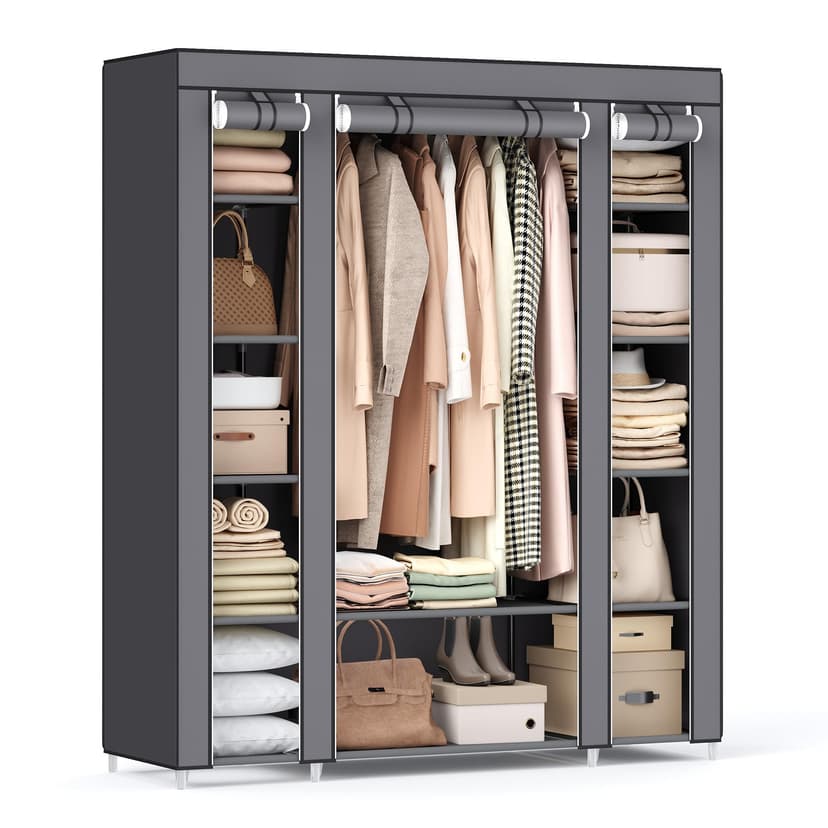 SONGMICS Fabric Wardrobe, Portable Wardrobe for Bedroom, Clothes Rail with Non-Woven Fabric Cover, Clothes Storage Organiser, 45 x 150 x 175 cm, 12 Compartments, Metal Frame, Grey LSF03G - 1