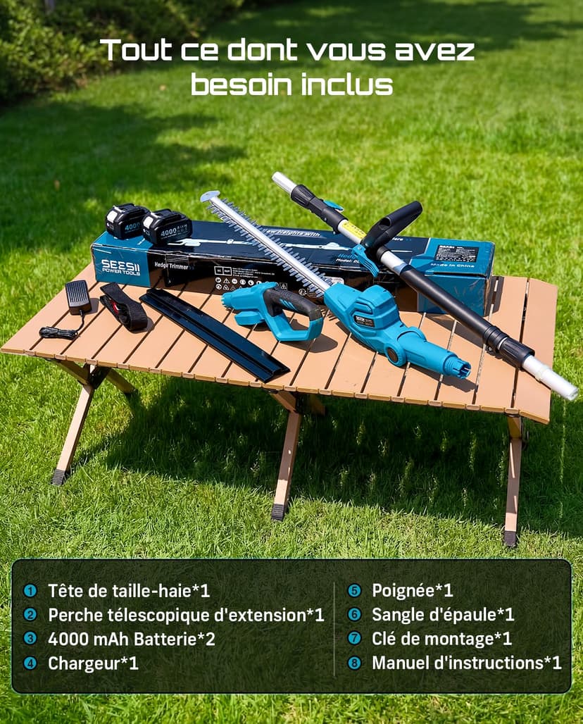 SEESII Telescopic Hedge Trimmer Battery 20 Inches, Lightweight 3.9 kg for Elderly and Women, 4.4 m Reach, 600 W Motor with 2 x 4.0Ah Batteries, Adjustable Head 135°, Electric Hedge Trimmer for High - 9