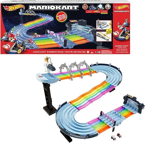 Hot Wheels Mario Kart Route Arc-en-Ciel Pistes de Course de 2,40m, 2 Mini-véhicules échelle 1:64 Inclus, Sons et lumières, Jouet pour Enfant, GXX41