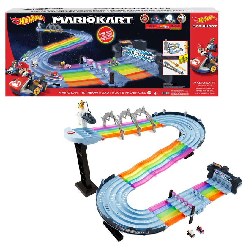 Hot Wheels Mario Kart Route Arc-en-Ciel Pistes de Course de 2,40m, 2 Mini-véhicules échelle 1:64 Inclus, Sons et lumières, Jouet pour Enfant, GXX41 - 1