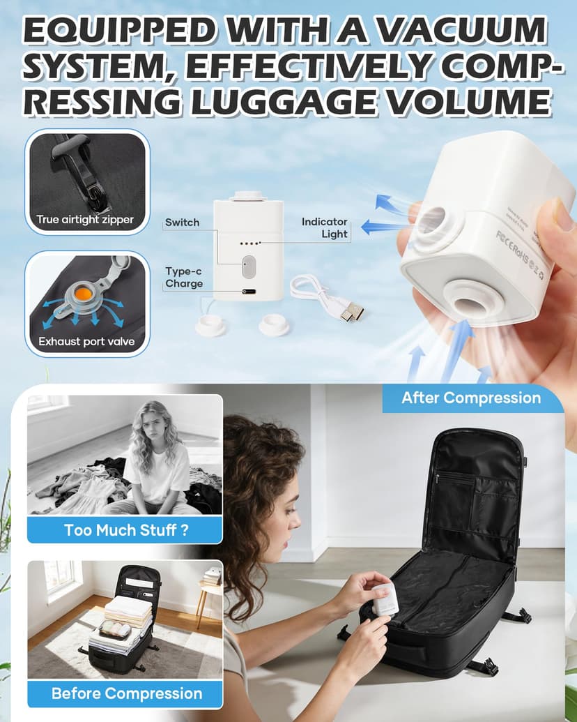 BJLFS Sac à dos sous vide avec pompe Ryanair Wizzair 40x30x20 Femme Sac Cabine Avion 40x30x20 sous vide Bagage Cabine 45x36x20 Easyjet Bagage à Main Sac pour Ordinateur Portable 14 Pouces Homme Noir - 4