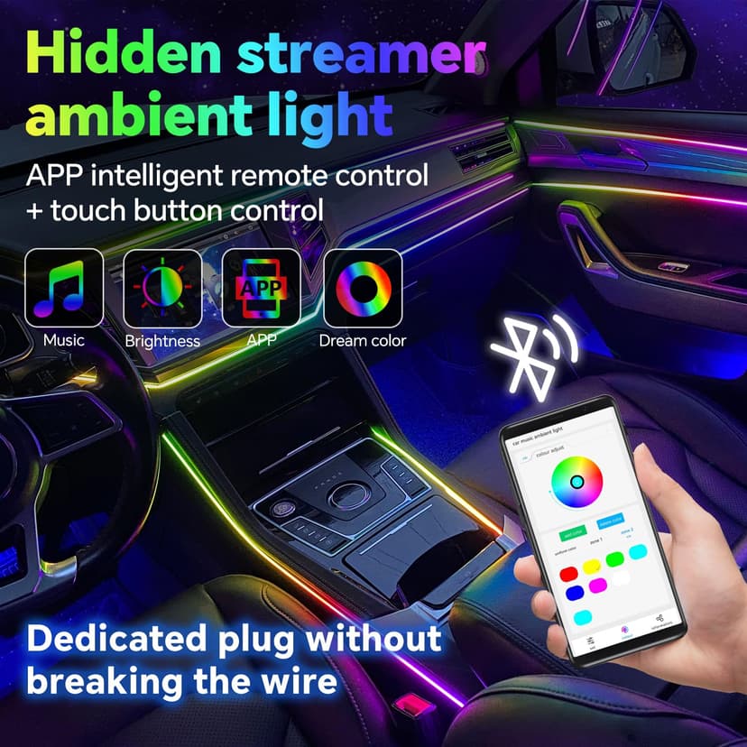 Dream Color Acrylic Car Interior Ambient Light Kit, Bphuny 18 in 1 593 LEDs Fiber Optic Decoration Ambient Lights with Music Dynamic Rainbow Rhythm, RGB Neon Lights for All Cars - 2
