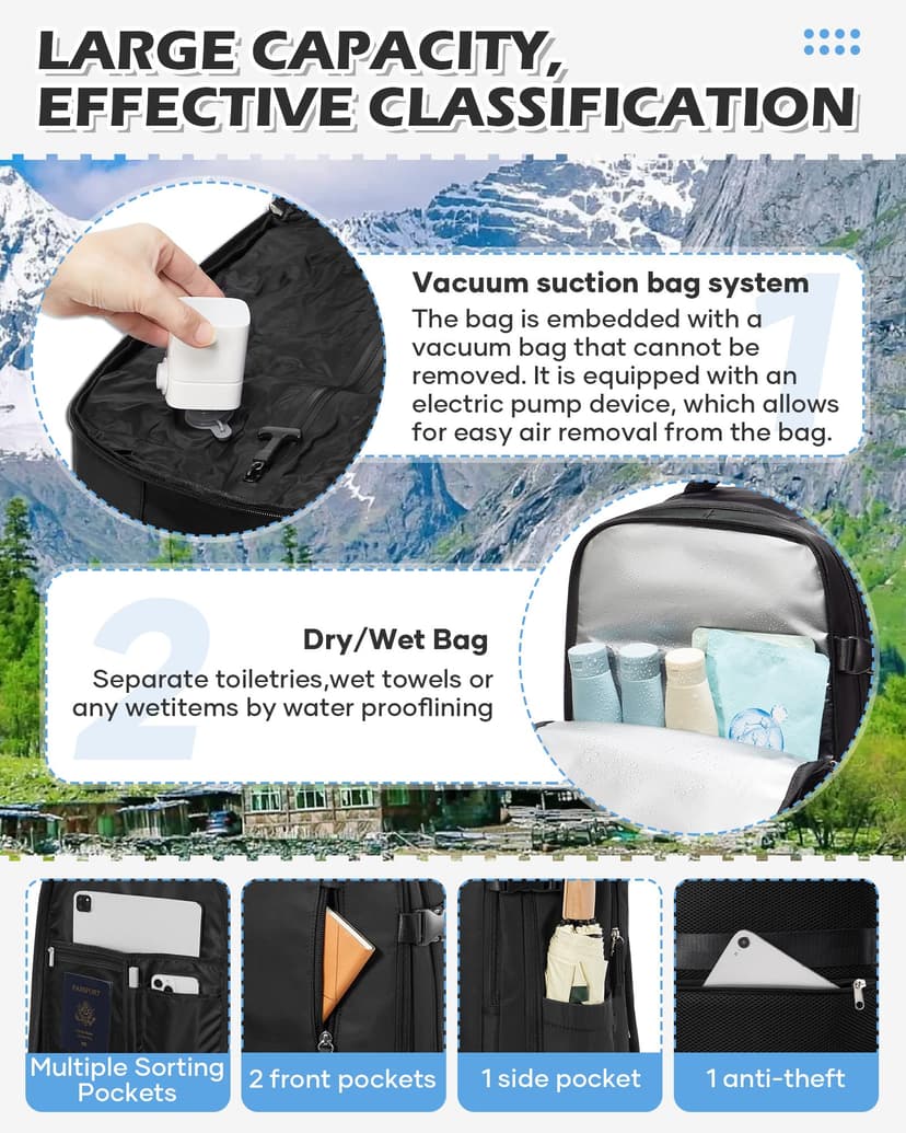 BJLFS Sac à dos sous vide avec pompe Ryanair Wizzair 40x30x20 Femme Sac Cabine Avion 40x30x20 sous vide Bagage Cabine 45x36x20 Easyjet Bagage à Main Sac pour Ordinateur Portable 14 Pouces Homme Noir - 5