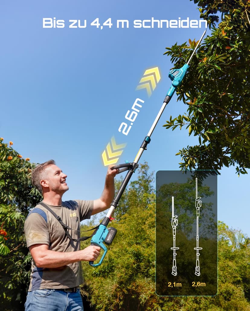SEESII Telescopic Hedge Trimmer Battery 20 Inches, Lightweight 3.9 kg for Elderly and Women, 4.4 m Reach, 600 W Motor with 2 x 4.0Ah Batteries, Adjustable Head 135°, Electric Hedge Trimmer for High - 3