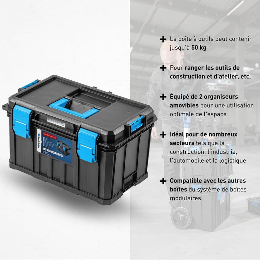 Högert Technik - HT7G501 Tool Box on Wheels, Load Capacity up to 50 kg, Practical and Spacious, Resistant to Damage, Dustproof, Robust ABS Clasps, Modular Construction - 3