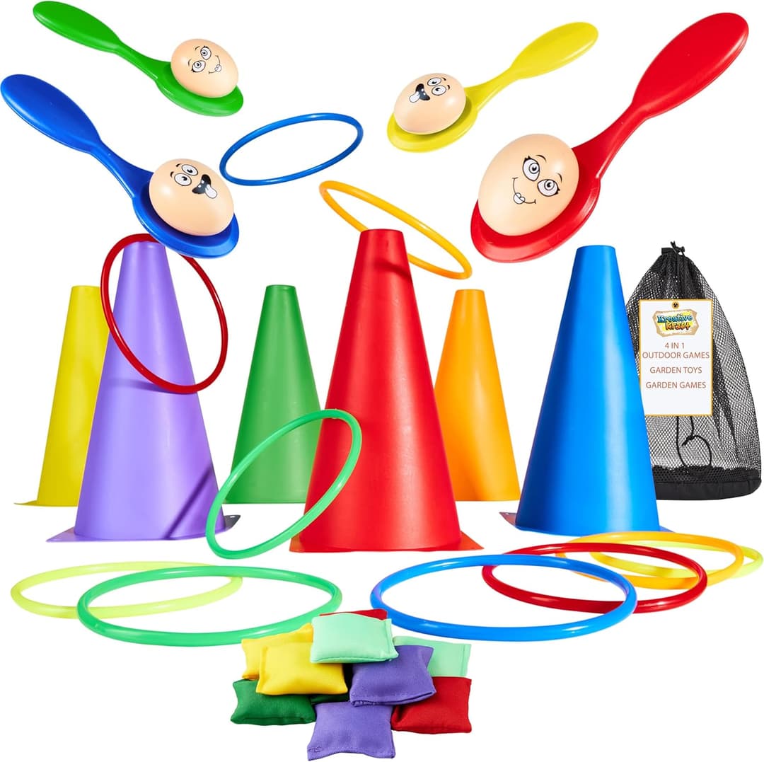 KreativeKraft Jeux d'Extérieur Enfant Adulte et Famille Kit Sport Course aux Oeufs et Cuillère Enfant Jeu des Anneaux Sacs de Courses (Ensemble 8 en 1)