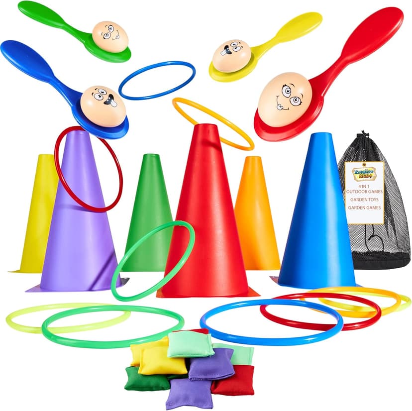 KreativeKraft Jeux d'Extérieur Enfant Adulte et Famille Kit Sport Course aux Oeufs et Cuillère Enfant Jeu des Anneaux Sacs de Courses (Ensemble 8 en 1) - 1