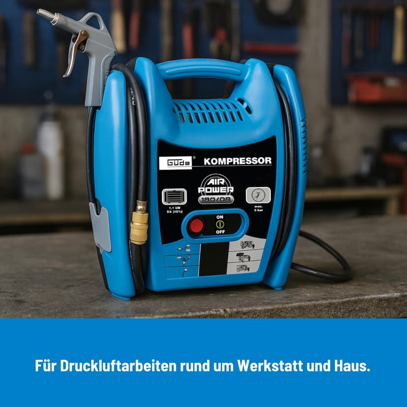 Güde Compresseur Airpower 180/08 (sans huile et nécessitant peu d'entretien, entraînement par courroie, 8 bars, 1100 W, débit effectif 140 l/min, tuyau d'air comprimé de 2,5 m avec raccord rapide - 5