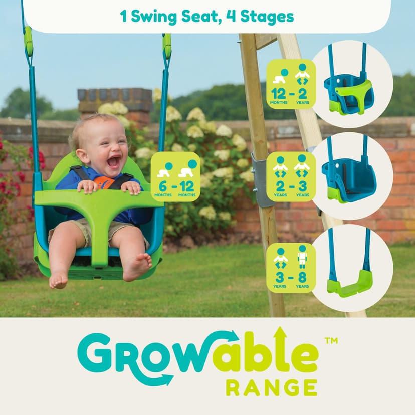 TP Toys Fauteuil Bébé Évolutif Quadpod 4 en 1 – Balançoire Bébé de 6 Mois à 8 Ans – Sangles d’Extension pour Portiques Hauts et Bas – Sécurisée et Confortable – Bleu/Vert - 2