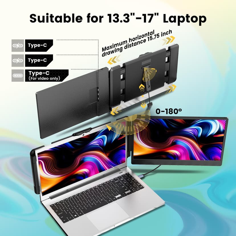 domyfan 14" Laptop Monitor, FHD 1080P IPS Dual Laptop Screen, HDMI/USB-A/Type-C Plug and Play for Windows,Mac,Chrome,Android, Xbox, PS5, Work with 13.3"-17" Laptops - 3