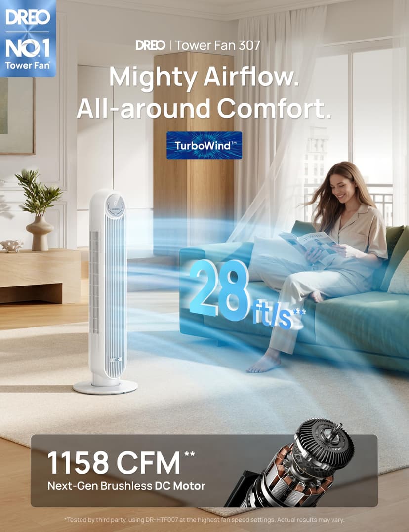 Dreo ventilateur colonne silencieux, Vitesse 7,6 m/s - Oscillant à 90° ventilateurs tour pour chambre, 92 cm de haut, Télécommande incluse, 4 vitesses, 4 modes, minuterie 8H, Noir - Nomad One - 2
