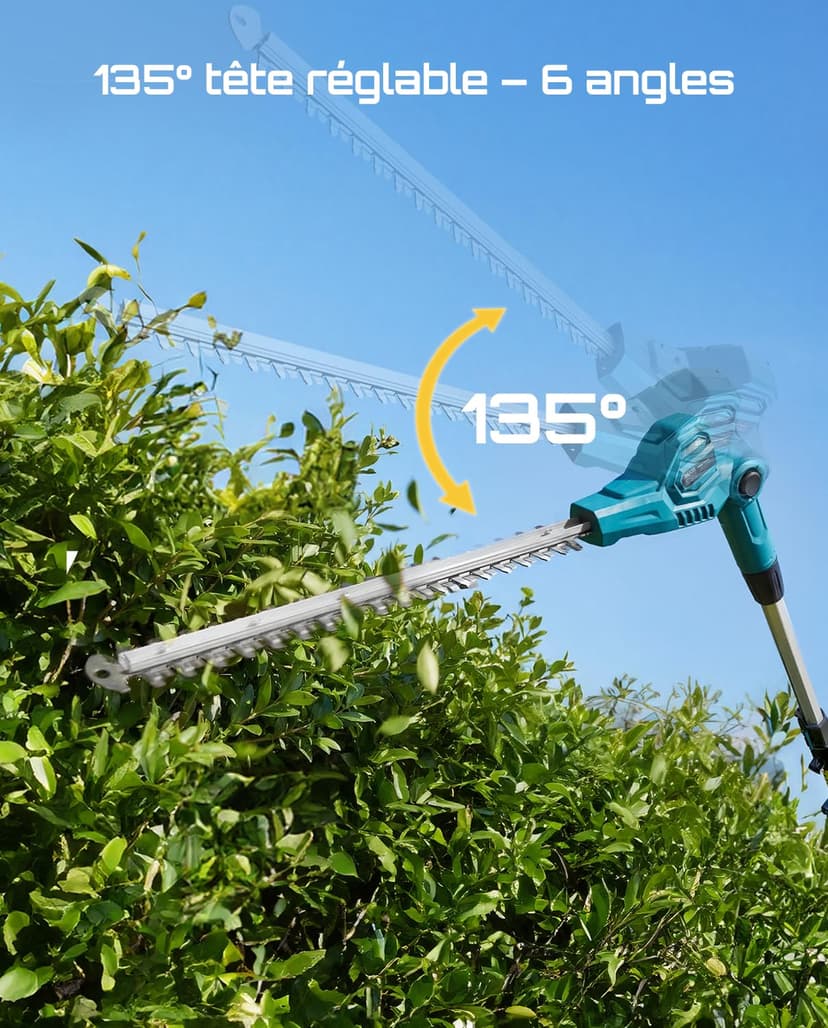 SEESII Telescopic Hedge Trimmer Battery 20 Inches, Lightweight 3.9 kg for Elderly and Women, 4.4 m Reach, 600 W Motor with 2 x 4.0Ah Batteries, Adjustable Head 135°, Electric Hedge Trimmer for High - 7