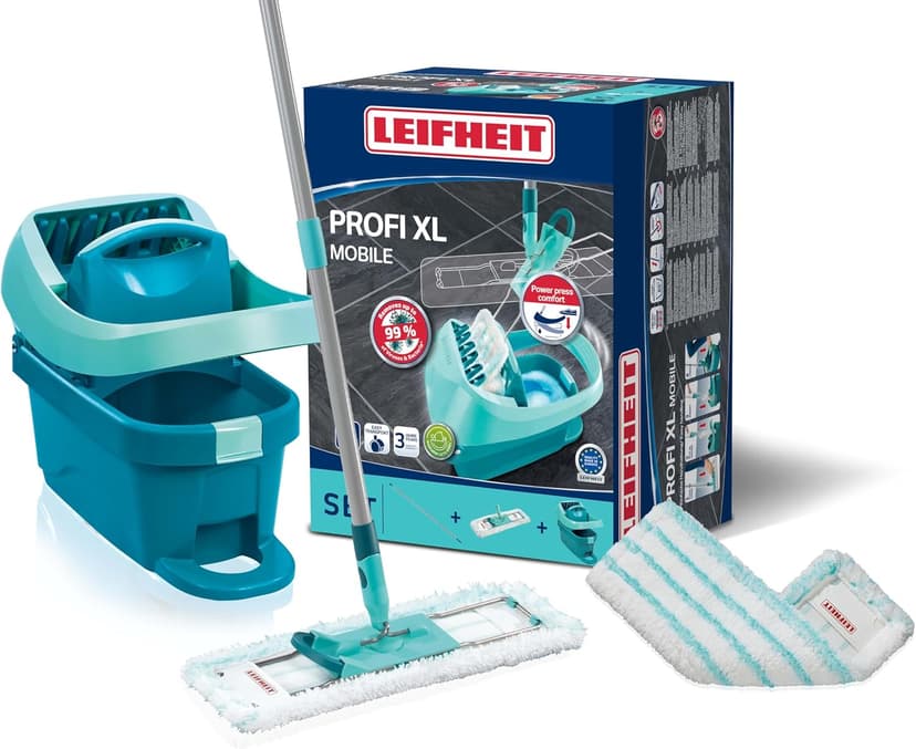 Leifheit Profi XL Mop and Bucket Set and Spare Mop Head, Deluxe 42 cm Large Floor Mop, Easy Steer Micro Fibre Head and Wringer Bucket with Rollers - 1
