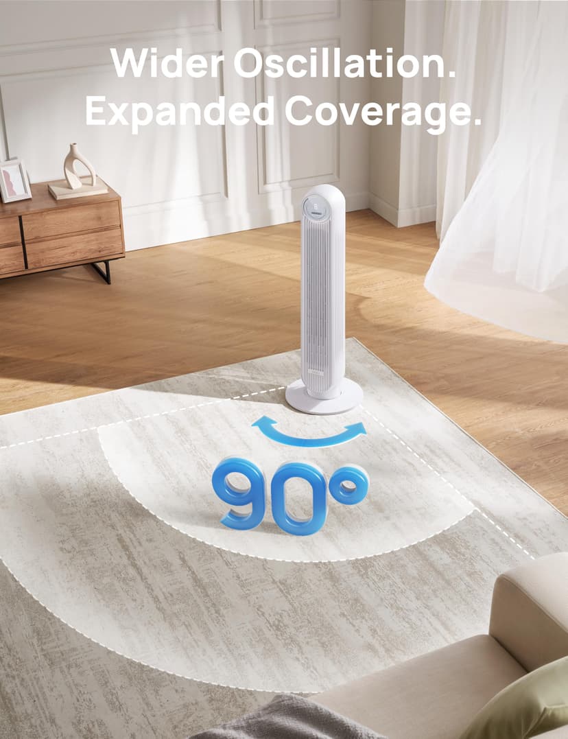 DREO 20dB Silent Tower Fan, 28 ft/s Velocity Electric Cooling Fan with Remote, 90° Oscillating 8 Speeds 4 Modes 8H Timer LED Display, DC Motor Quiet Standing Bladeless Floor Fans for Bedroom, White - 5