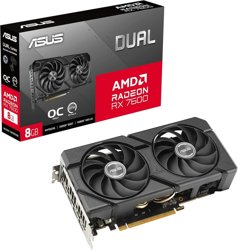 ASUS Dual Radeon™ RX 7600 Evo OC Edition 8 Go GDDR6 - Carte Graphique (PCIe® 4.0, HDMI® 2.1, DisplayPort™ 1.4a, Conception à 2,5 Slots, Ventilateurs Axial-Tech, GPU Tweak III) - 1