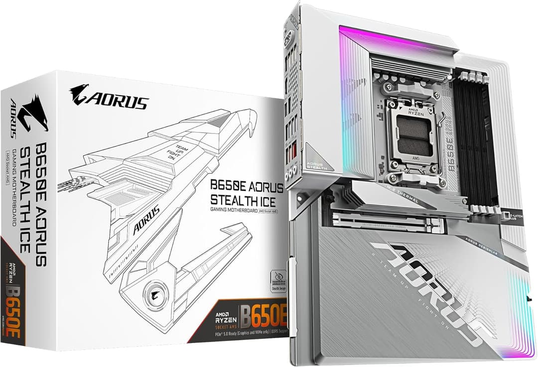 GIGABYTE B650E AORUS STEALTH ICE Motherboard - Supports AMD Ryzen 9000 CPUs- 12+2+2 phases VRM- up to 8000MHz DDR5 (OC)- 1xPCIe 5.0 M2 + 3xPCIe 4.0 M.2- Wi-Fi 7-2.5GbE LAN- USB 3.2 Gen 2x2