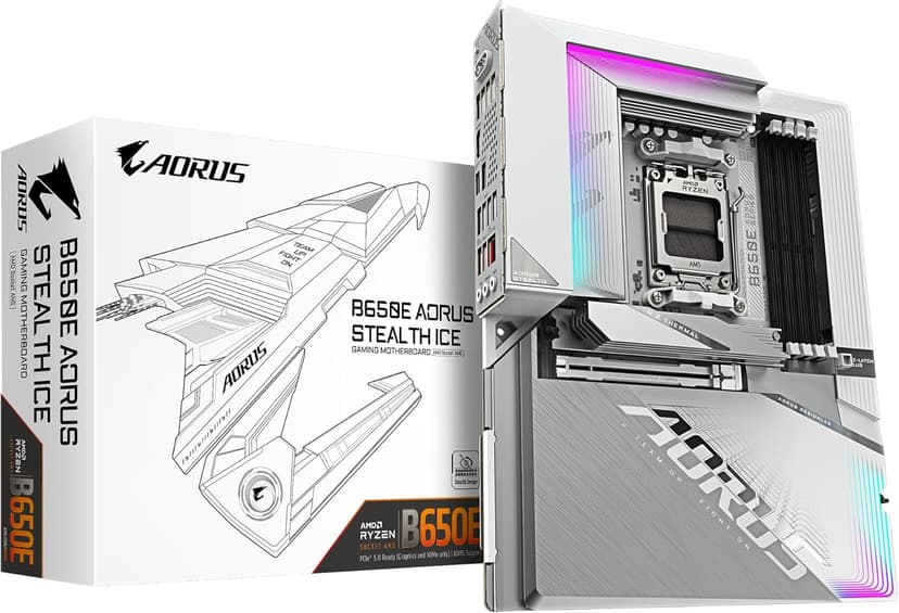 GIGABYTE B650E AORUS STEALTH ICE Motherboard - Supports AMD Ryzen 9000 CPUs- 12+2+2 phases VRM- up to 8000MHz DDR5 (OC)- 1xPCIe 5.0 M2 + 3xPCIe 4.0 M.2- Wi-Fi 7-2.5GbE LAN- USB 3.2 Gen 2x2 - 1