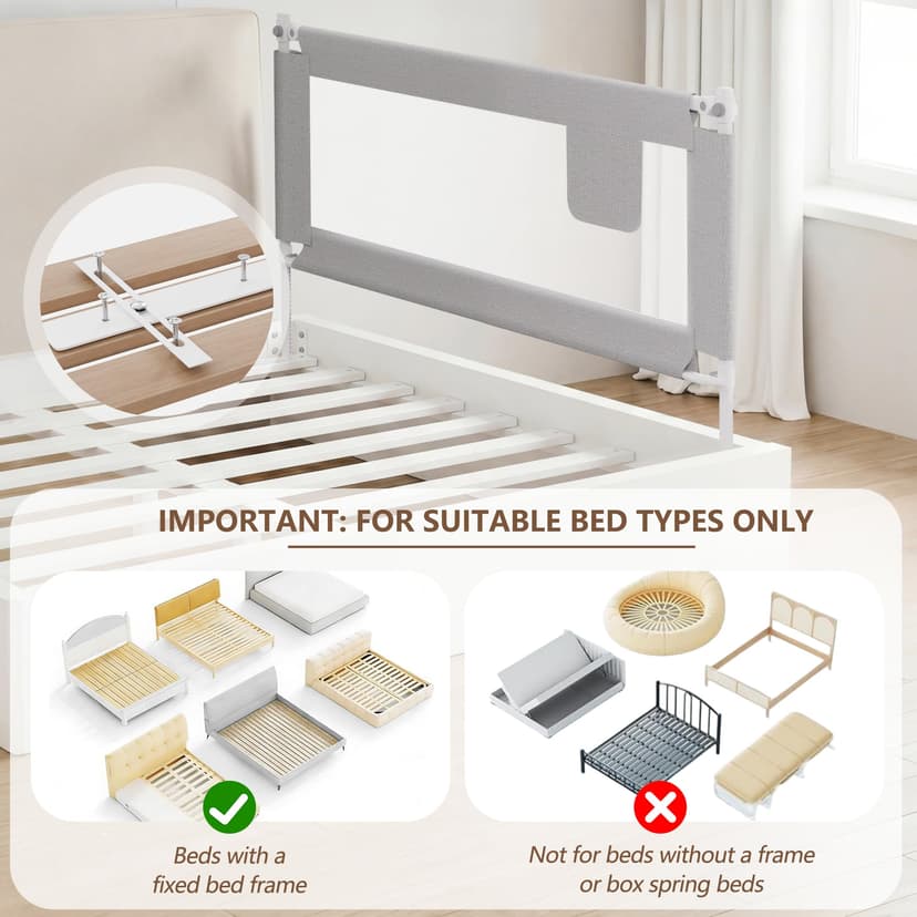 Baby Bed Barrier 140CM, Bed Rail for Children - Anti-fall, Adjustable Height, Easy Installation, Grey, 1pc - 8