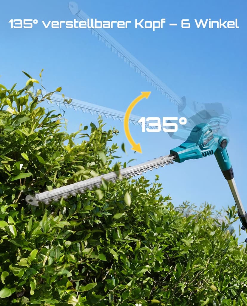SEESII Telescopic Hedge Trimmer Battery 20 Inches, Lightweight 3.9 kg for Elderly and Women, 4.4 m Reach, 600 W Motor with 2 x 4.0Ah Batteries, Adjustable Head 135°, Electric Hedge Trimmer for High - 8
