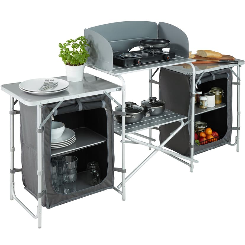 tectake® Portable Camping Kitchen with 5 Internal Shelves, Heat-Resistant Worktop, Wind Barrier & Zipped Doors - Outdoor Storage Cupboard with Lightweight Aluminium Frame, Incl. Carry Bag - Grey - 4