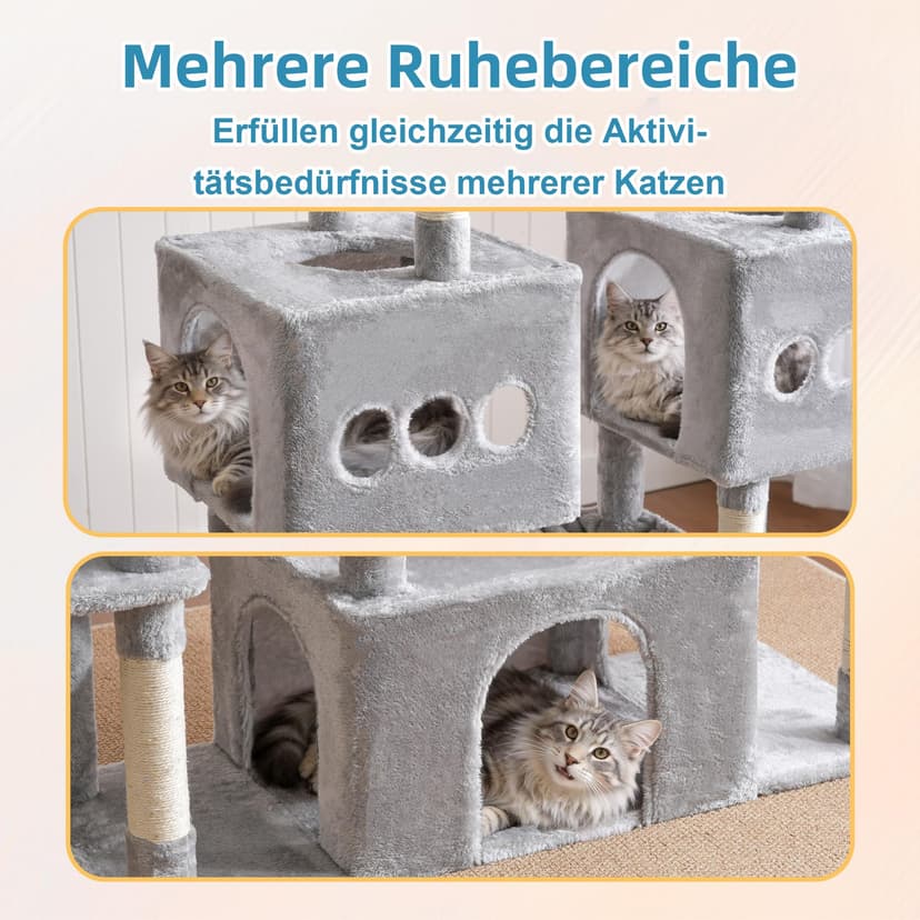 Hey-brother EMPJ083W 146 cm Stable Cat Tree with Toys, Cave, 3 Platforms, 2 Cat Baskets, Light Grey - 4