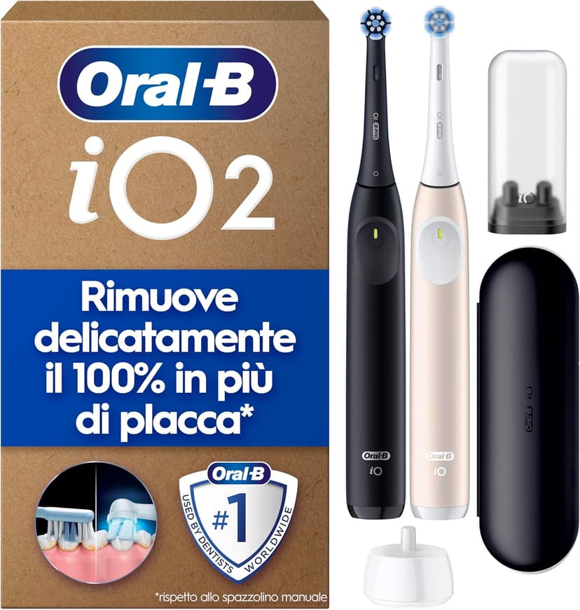 Oral-B iO 2, 2 Spazzolini Elettrici, 2 Testina di Ricambio, Nero e Rosa - 2 Testine di Ricambio per Spazzolino Elettrico, Custodia da Viaggio, Sensore di Pressione, Pulizia Denti Efficace - 1