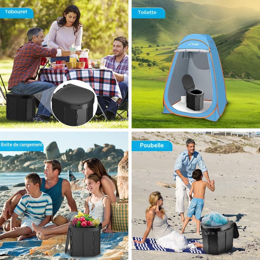 WADEO Portable Camping Toilet, Foldable Heavy Duty Travel Toilet for Adults, Sturdy 400lbs Capacity, Compact Car & Van Toilet with Lid & Bags for Camping, Hiking, Road Trips (Black + Seat Cushion) - 7