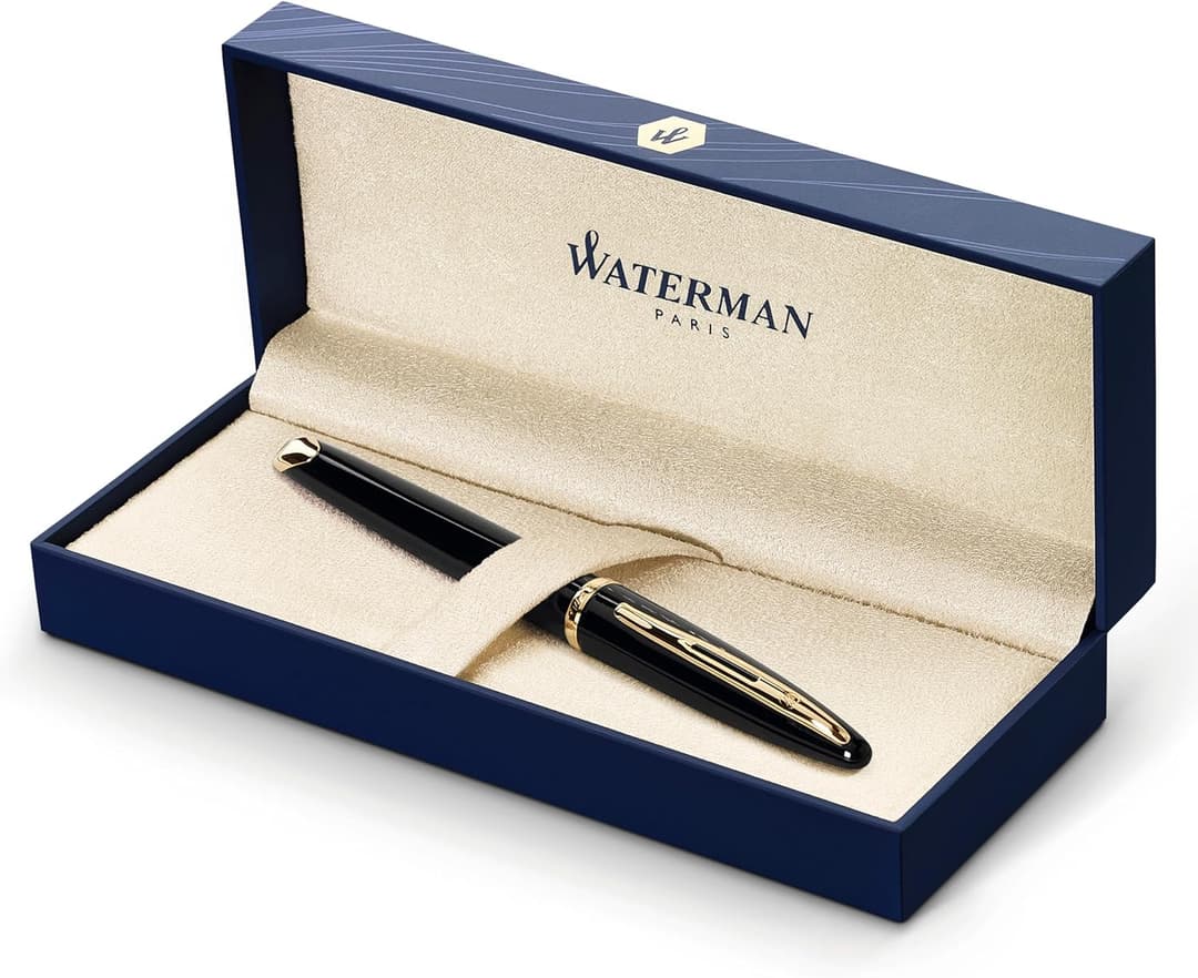 Waterman Carène Black Sea Fountain Pen | High-Gloss Black & 23k Gold Clip | Medium Nib with Blue Ink Cartridge | Gift Box