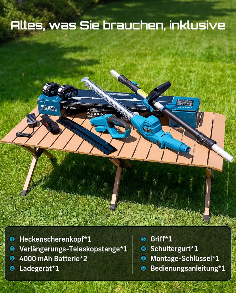 SEESII Telescopic Hedge Trimmer Battery 20 Inches, Lightweight 3.9 kg for Elderly and Women, 4.4 m Reach, 600 W Motor with 2 x 4.0Ah Batteries, Adjustable Head 135°, Electric Hedge Trimmer for High - 9