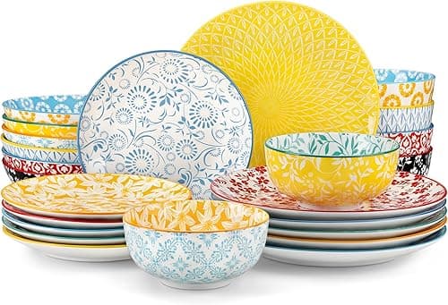 vancasso SELENE Assiettes Service de Table pour 6 Personnes, 24 Pièces, Vaisselle en Porcelaine Pastel - 6 Assiette Plate, à Dessert, Creuses et Bols - Adapté au Micro-Ondes - Style Floral Coloré