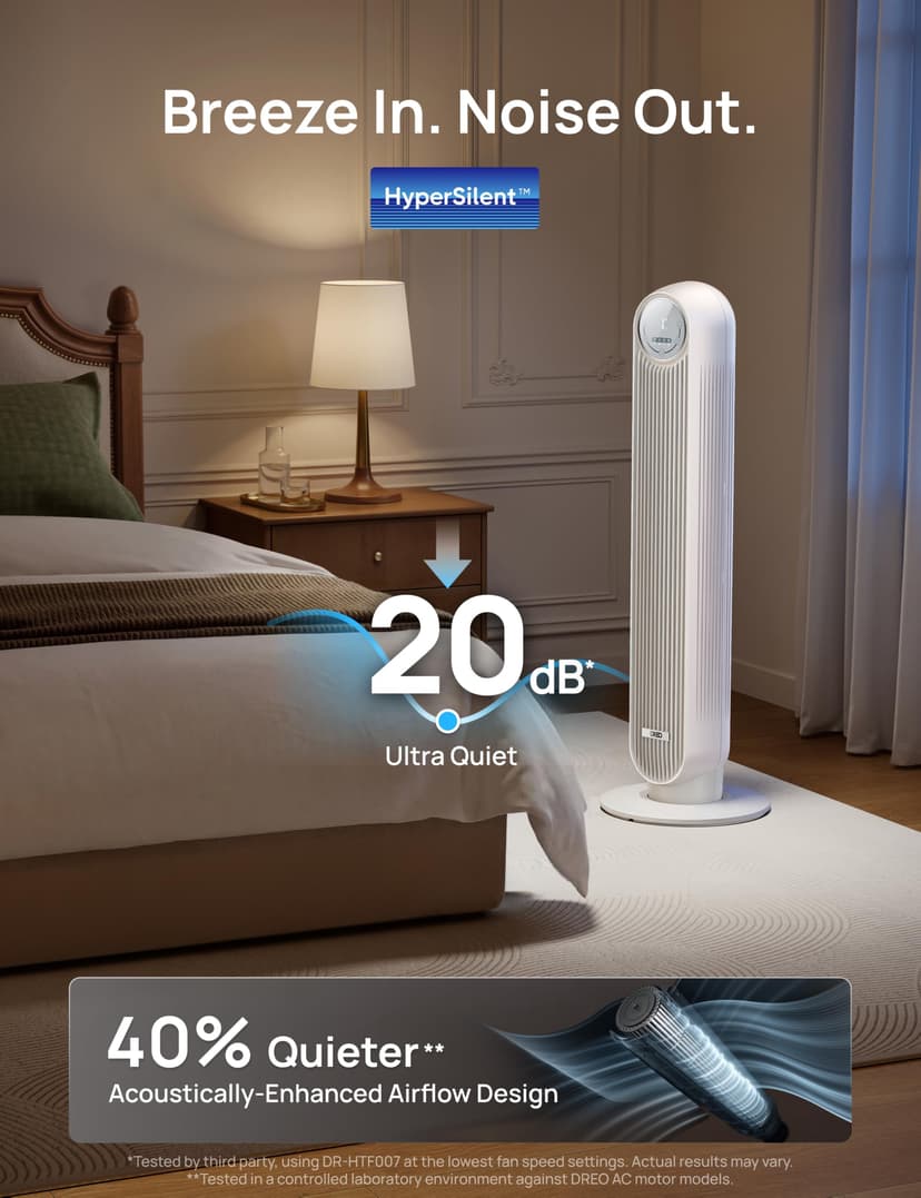 DREO 20dB Silent Tower Fan, 28 ft/s Velocity Electric Cooling Fan with Remote, 90° Oscillating 8 Speeds 4 Modes 8H Timer LED Display, DC Motor Quiet Standing Bladeless Floor Fans for Bedroom, White - 3