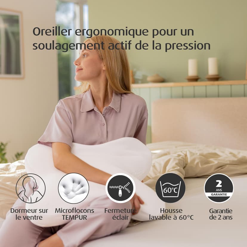 TEMPUR Ombracio Sleeping Pillow, Ergonomic Butterfly Shape Belly Sleeper Pillow, Medium Firm Lying Feel, 60 x 50 x 10 cm - 3