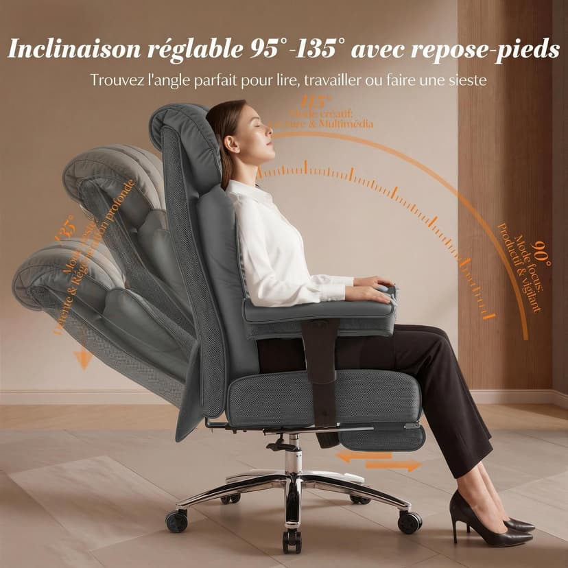 Efomao Sedia da Ufficio Ergonomica, Poltrona Direzionale in Ecopelle PU con Poggiapiedi Estraibile, Sedia da Scrivania Reclinabile con Imbottitura Spessa, Supporto Lombare, Portata 200kg (grigio) - 6