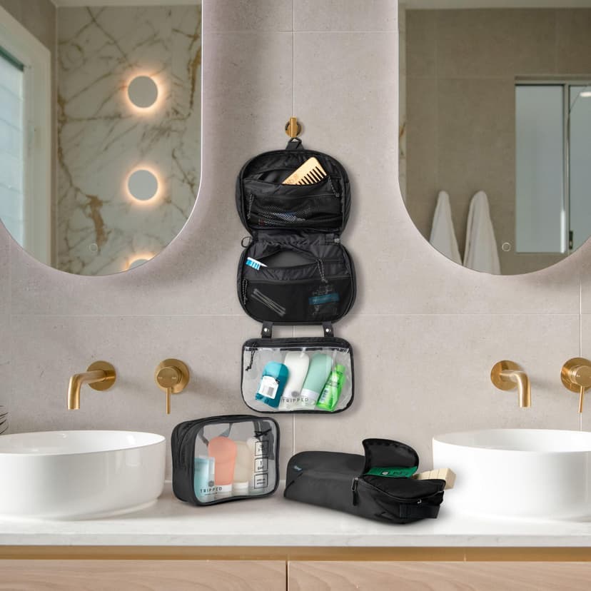Toiletry Bag Kit Set: Hanging Travel Toiletry Bag + 311 TSA Cosmetic Liquid Bag + Ultralight Accessory Organizer Pouch, Black Ripstop, 3 Piece Toiletry Set - 2
