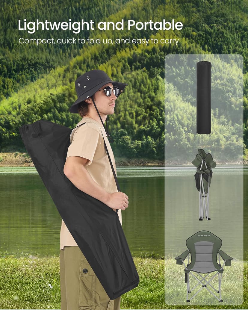 SONGMICS Set of 2 Camping Chairs, Folding Outdoor Chairs with Wide Seat and High Back, Portable Garden Picnic Chairs with Cup Holder, Phone Holder and Side Pocket, Green and Grey GCB005CD01-2J - 7
