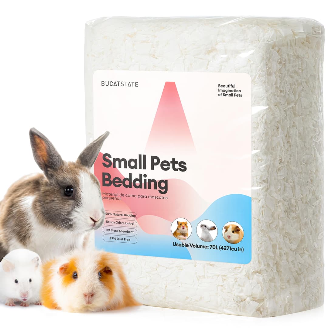 BUCATSTATE Litières pour Hamsters 70L, Super Absorbante & 99,9% sans Petit Animal Papier Poussière pour Souris, Rats, Rongeurs, Cochon d'Inde, Chinchilla