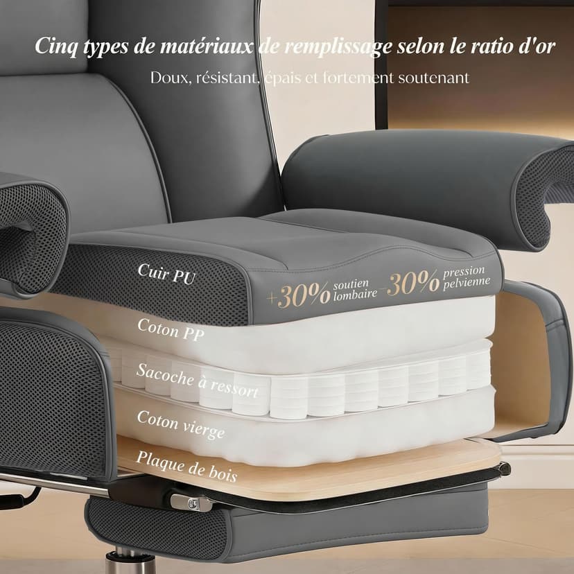 Efomao Sedia da Ufficio Ergonomica, Poltrona Direzionale in Ecopelle PU con Poggiapiedi Estraibile, Sedia da Scrivania Reclinabile con Imbottitura Spessa, Supporto Lombare, Portata 200kg (grigio) - 7