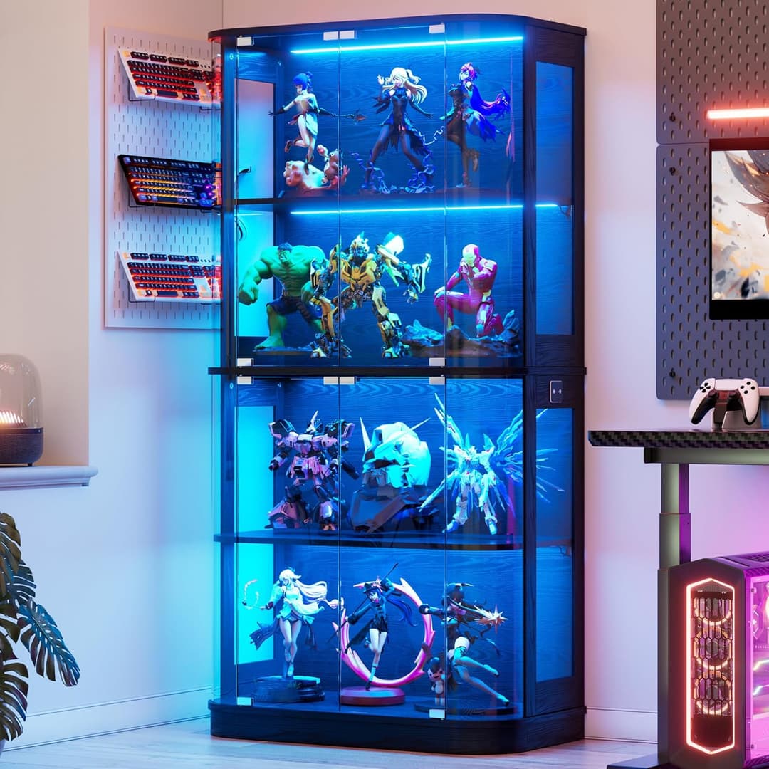 MSFE 170 cm Glass Showcase with LED Display Cabinet with Smart Sensor, Display Cabinet for Collectibles, 4 Shelves Self-Standing Glass Display Cabinet for Living Room, Office, Kitchen, Bar, Study