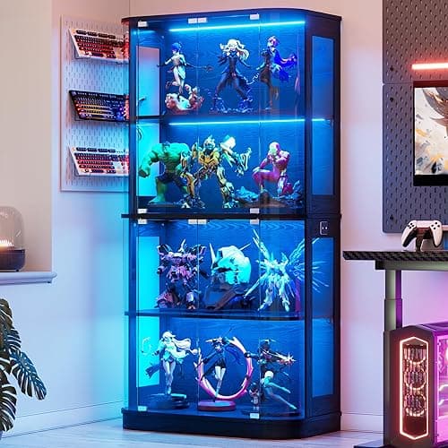 MSFE 170 cm Glass Showcase with LED Display Cabinet with Smart Sensor, Display Cabinet for Collectibles, 4 Shelves Self-Standing Glass Display Cabinet for Living Room, Office, Kitchen, Bar, Study