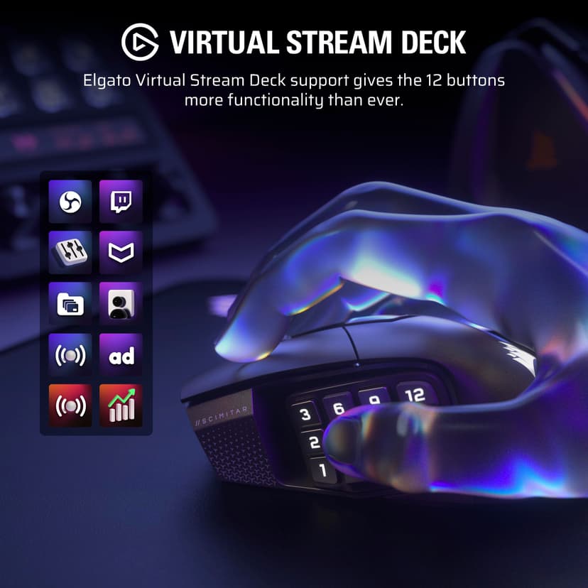 Corsair SCIMITAR ELITE WIRELESS SE MMO PC Gaming Mouse – 33,000 DPI, 16 Programmable Buttons, Key Slider, Elgato Virtual Stream Deck, 1,000Hz Polling, Up to 150-Hour Battery – Gunmetal - 5